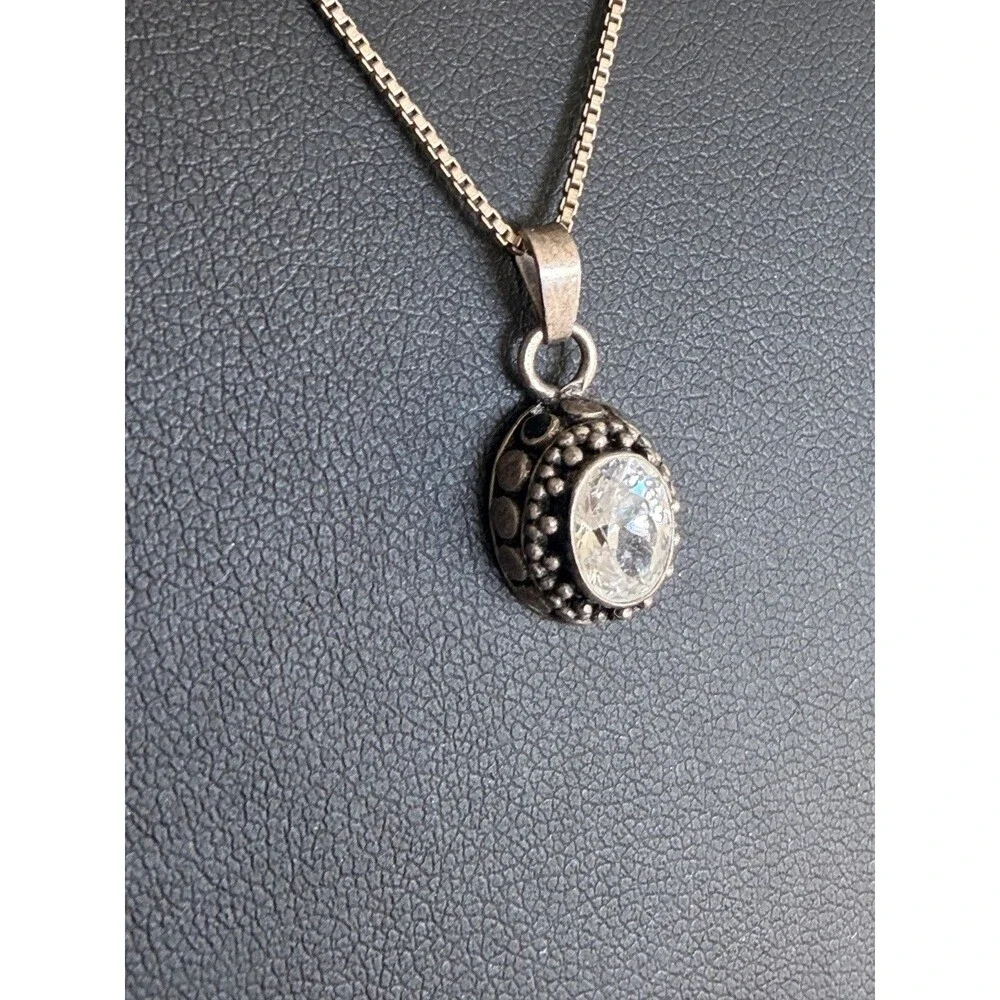925 Sterling Silver Oval Clear Gemstone Pendant Necklace Vintage boho native